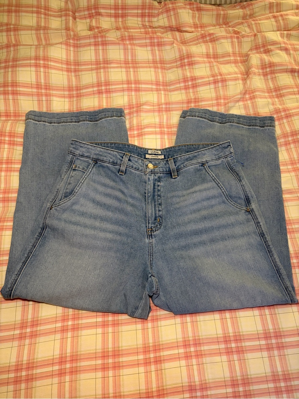 High-waisted L.L.Bean blue denim jeans.
